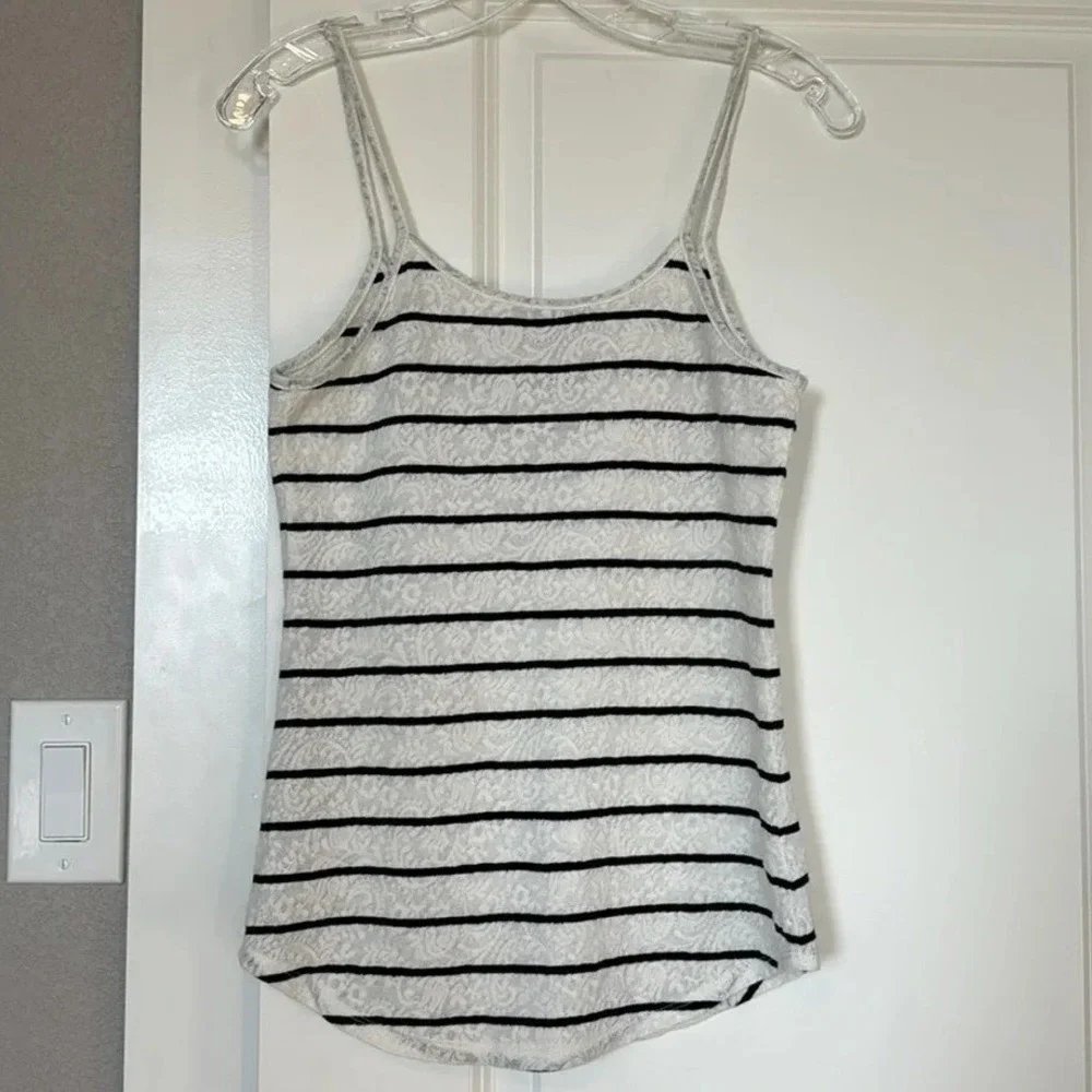 LOFT Striped Lace Tank Top Womens Size S White‎ Black Spaghetti Strap Casual - Picture 2 of 5